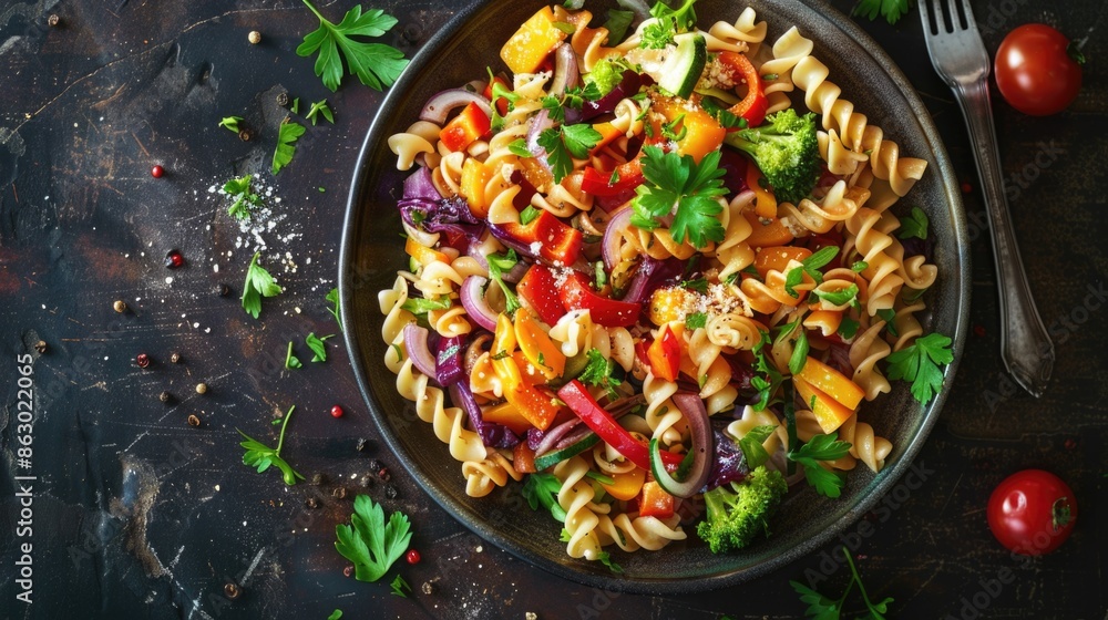 Poster a bowl of pasta and mixed vegetables served with a fork