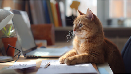 cat sitting in the office and studying