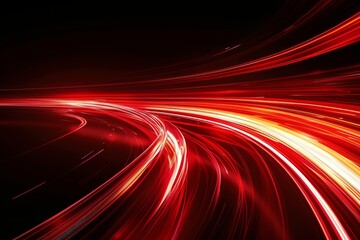 Abstract red lines depict the speed of the road in red. Red light trails on a dark background, with a high speed and fast motion blur effect.
