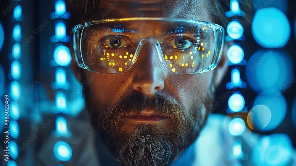 Poster a close-up shot of a researcher analyzing data on a computer screen, their face reflecting the excit