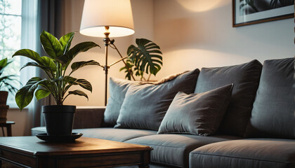 Frontal view of a simple and cozy sofa with a lamp and plants standing next to it in the living room