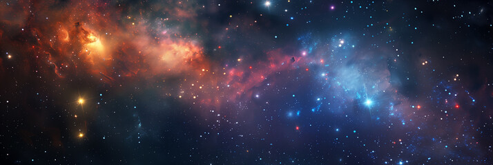 Naklejka premium Enchanting Cosmic Vista: A Stellar Journey Through the Star-Studded Infinity of Space. Universe, stars, deep space. Wide Horizontal Template, poster, banner, cover, header. Generative Ai content