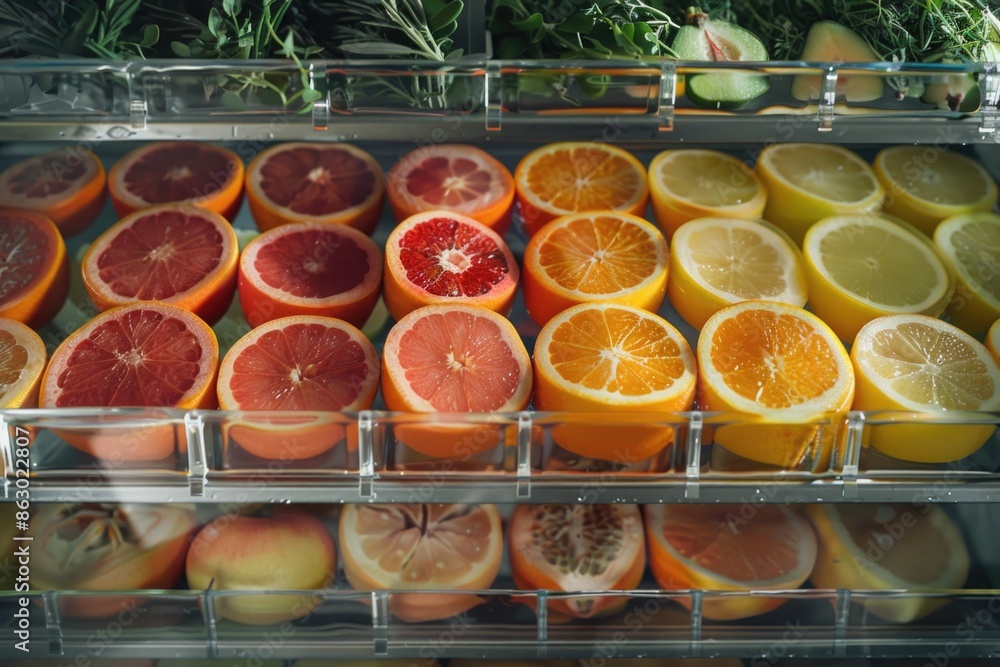 Poster A vibrant display case filled with multiple oranges and lemons, ready for use or decoration