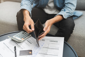 Debt financial concept, stressed problem people asian man, male hand open empty wallet not have...