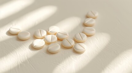 Shadows of various pills in gentle light, arranged to highlight the essential nature of pharmaceuticals, creating a serene and detailed image