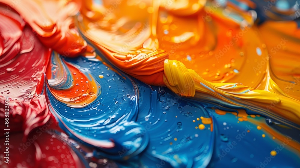 Poster a close-up shot of colorful paint splatters on a canvas, creating an abstract expressionist artwork.