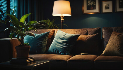 Frontal view of a simple and cozy sofa with a lamp and plants standing next to it in the living room