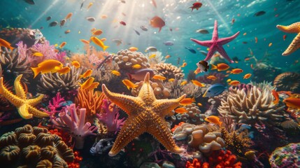 Obraz premium Diverse Array of Vibrant Starfish across Colorful Coral Reef in Warm Sunlight
