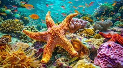 Diverse Array of Vibrant Starfish across Colorful Coral Reef in Warm Sunlight