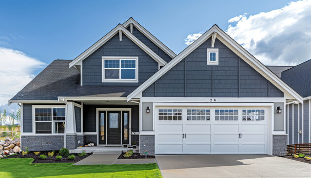 Modern Gray House with White Garage Doors