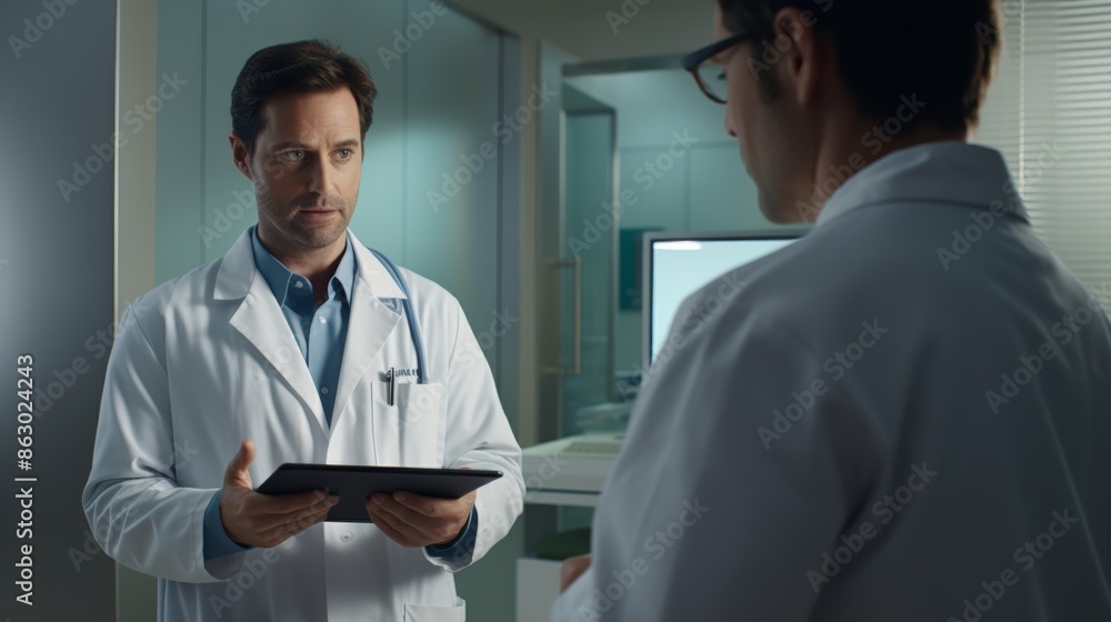 Poster A doctor in a remote area using a digital tablet to connect with a specialist for a second opinion on a patient's case.
