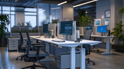 an advanced workspace equipped with adjustable desks and ergonomic accessories designed for various physical needs.