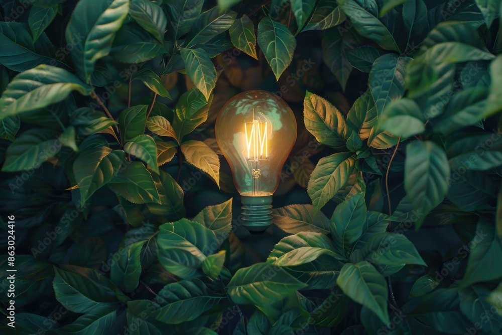 Poster a lone light bulb is situated in the midst of a bush, providing an interesting contrast between the 