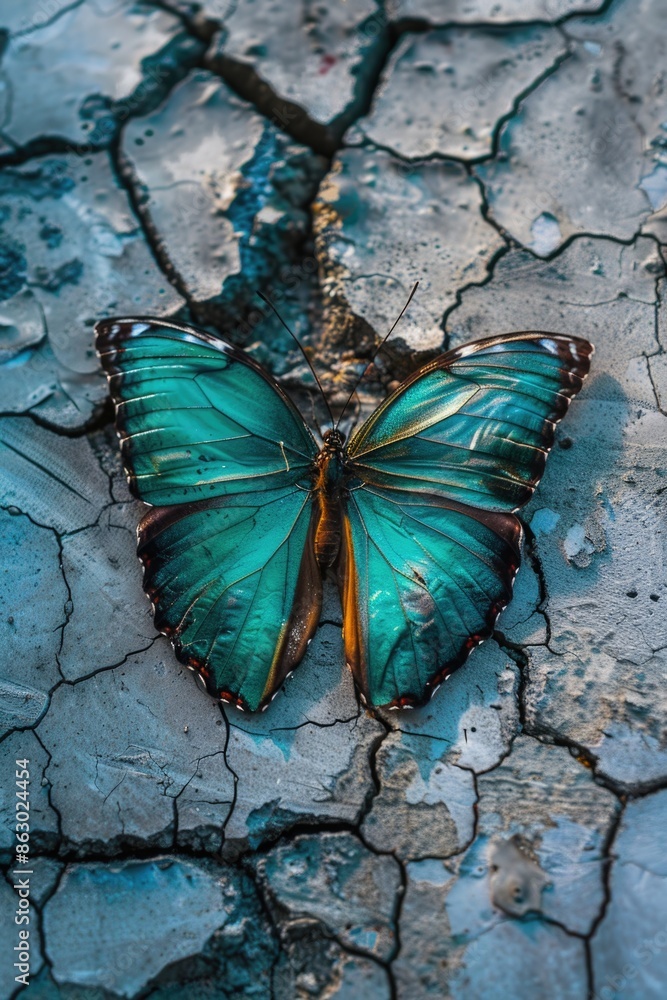 Poster a blue butterfly sits on a cracked surface with intricate patterns