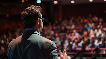 CEO addressing employees at a company town hall meeting.