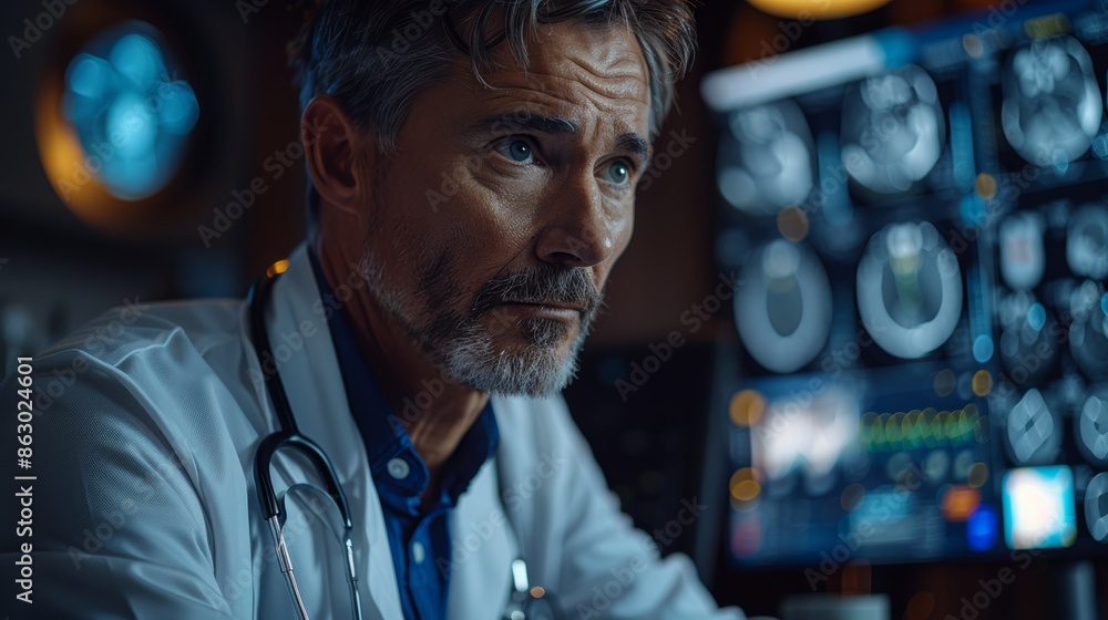 Aufkleber A doctor using a digital interface to connect with a patient's family members, providing updates on their condition and offering emotional support.