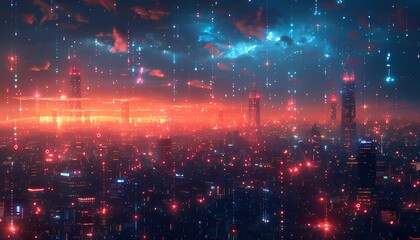 Satellite Skyline, North America's skyline transformed into a futuristic display of satellite orbits and communication signals,