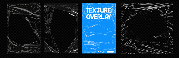 Vector set of realistic cellophane or polyethylene seal wrapper mockups. Retro-style CD album cover featuring a vinyl record with a paper sticker and price tag, encased in both whole.