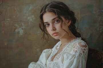 Fototapeta premium A woman wearing a white dress sits in a chair, possibly waiting or reflecting