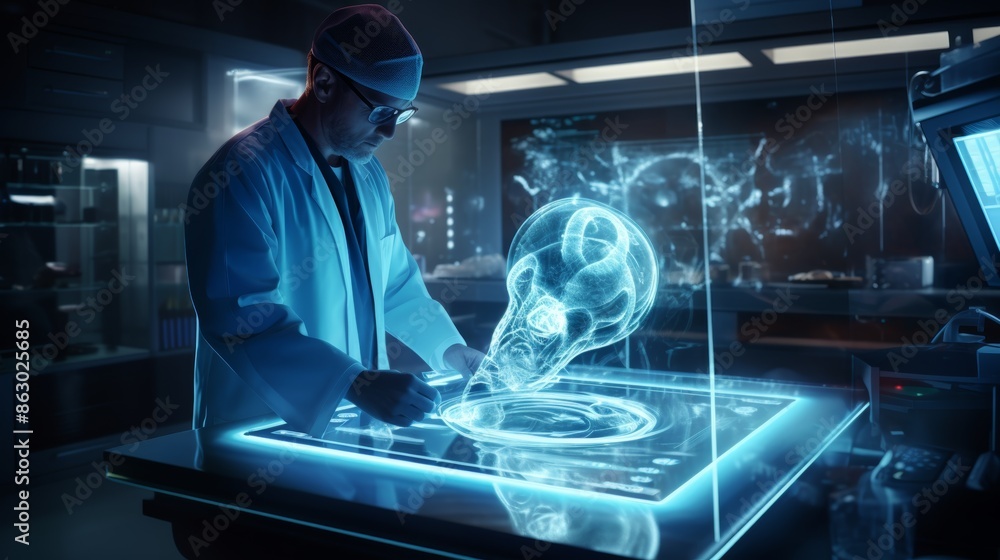 Aufkleber a doctor using a virtual hologram screen to control and interact with medical equipment during a sur