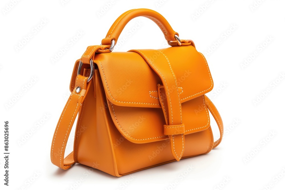 Poster a handbag with a strap sitting on a plain white background