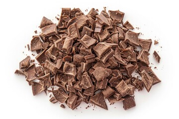 A messy pile of chocolate pieces on a clean white surface