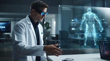 A doctor using a virtual hologram screen to conduct a virtual physical exam on a patient.