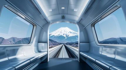 Luxury bullet train against mount backdrop