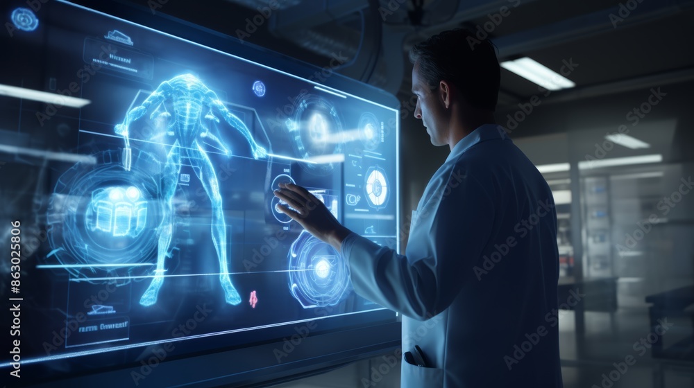 Aufkleber A doctor using a virtual hologram screen to visualize a patient's complex medical data in a 3D format.