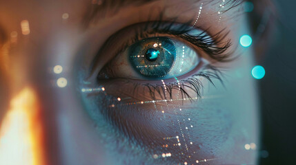 Close-up of a persons eye with digital interface overlay indicating biometric scanning.