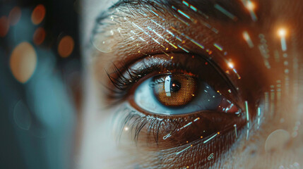Close-up of a persons eye with digital interface overlay indicating biometric scanning.