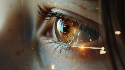 Close-up of a persons eye with digital interface overlay indicating biometric scanning.