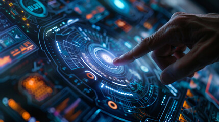 Naklejka premium Close-up of a persons hand touching a digital screen with futuristic interface.