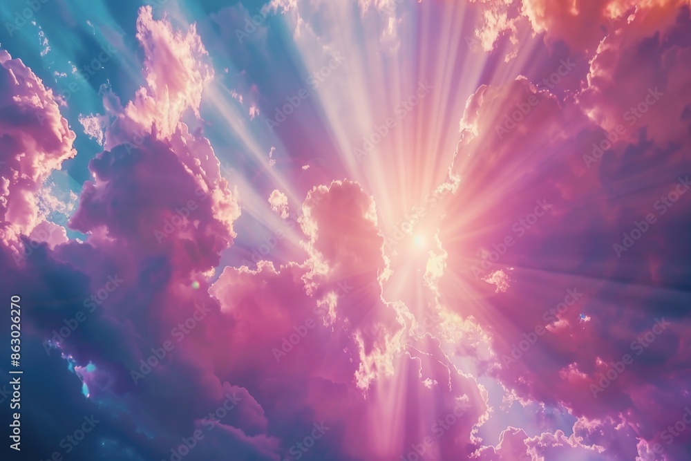 Poster a cloudy sky with a beam of sunlight shining through, creating a warm and inviting atmosphere