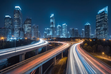 Obraz premium Cityscape highway with light trails runs through city skyline at night