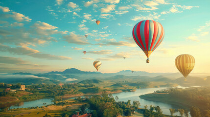 Obraz premium Colorful hot air balloons floating over a picturesque landscape.