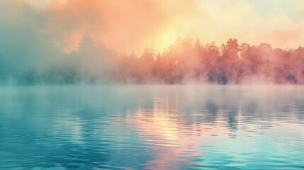 Colorful sunrise over a calm lake with mist rising from the water.