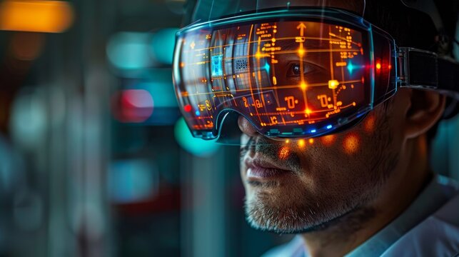 A doctor wearing augmented reality glasses to view a patient's medical scan data superimposed on their body.