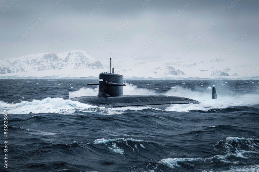 Poster a submarine floating in the middle of the ocean, surrounded by water