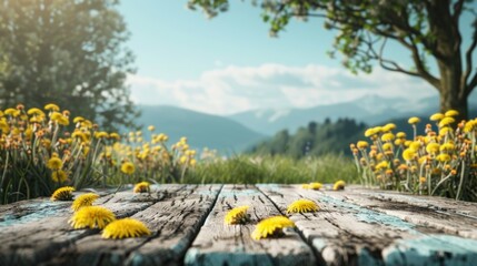 A simple and cozy scene with a wooden table adorned with bright yellow flowers