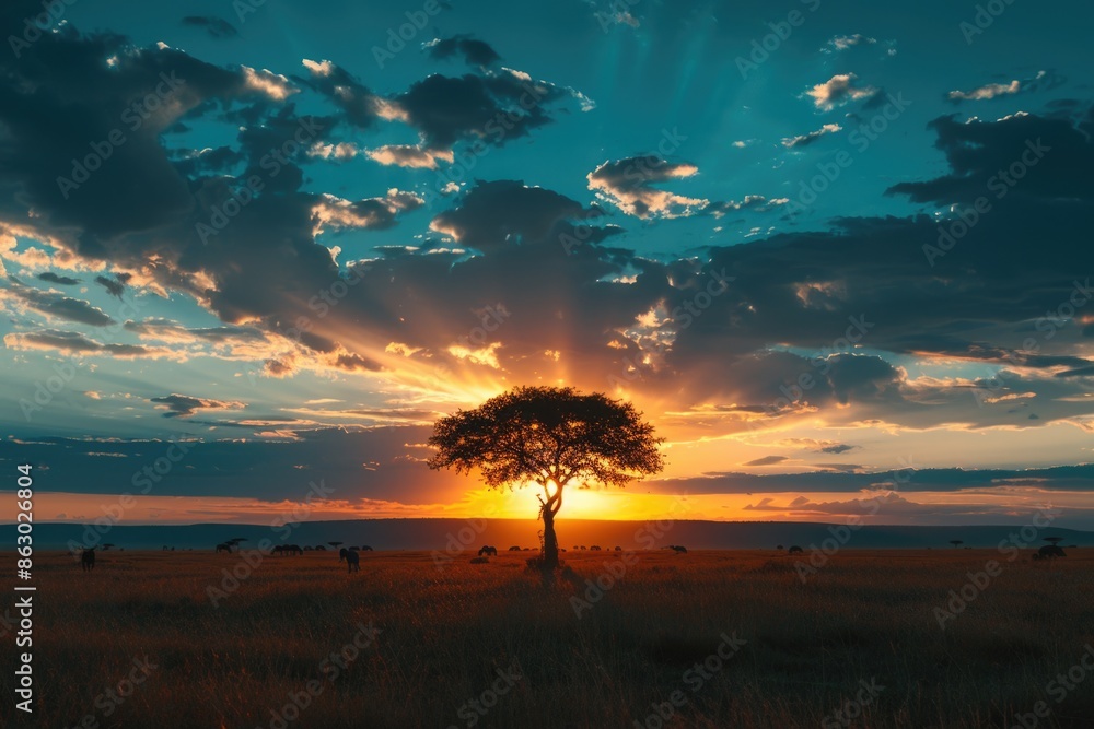 Poster a single tree stands alone in a vast field, illuminated by the warm glow of sunset