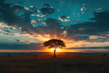 Obraz premium A single tree stands alone in a vast field, illuminated by the warm glow of sunset