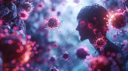 Immune health visualization Man HIVAIDS glowing depiction of immune system cells showing weakened defenses