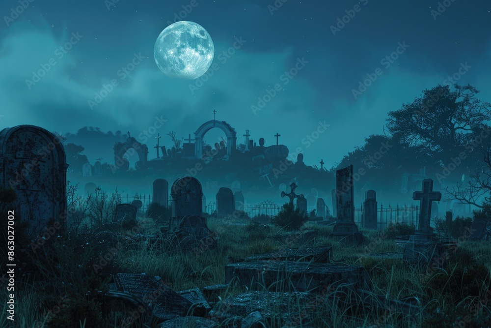 Poster a cemetery scene at night with a full moon shining down, great for use as a backdrop or atmospheric 