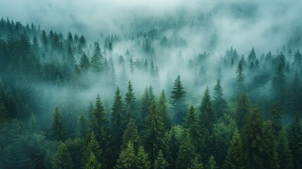 A dreamy photograph of a swirling cloud of fog rising from a misty forest, creating an ethereal atmosphere.