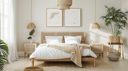 Gallery wall mockup in bright bedroom interior background with rattan wooden furniture