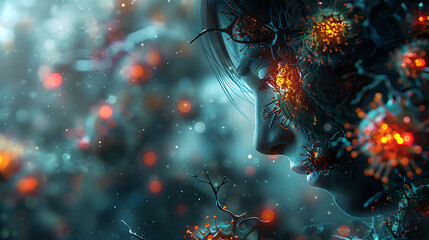 Immune health visualization Man HIVAIDS glowing depiction of immune system cells showing weakened defenses
