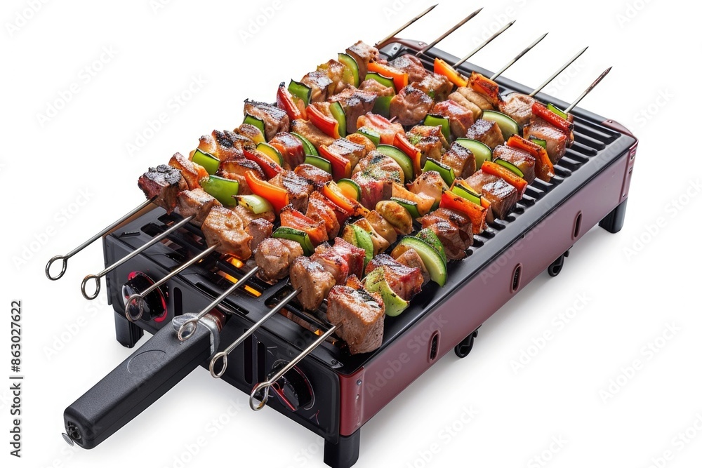 Poster A close-up shot of a grill with skewers, ideal for use in food-related content