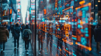 Fototapeta premium Blurred People Walking Past a Digital Screen in a City Street