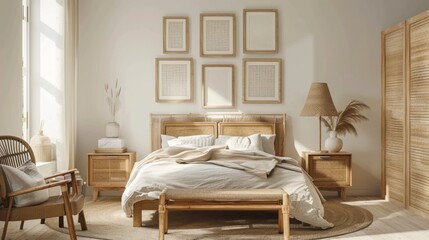Obraz premium Gallery wall mockup in bright bedroom interior background with rattan wooden furniture